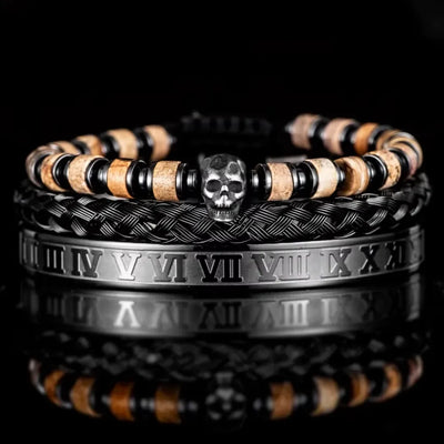 Gothic Skull Bracelet Set – Beige – natural stone beads and black bangles