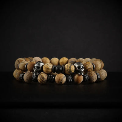 Khaki Stone Skull Bracelet Set