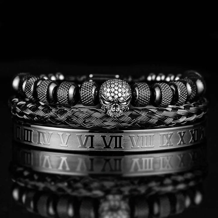 Luxury Roman Skull Bracelet Set - Black